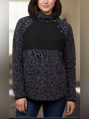 J. Crew Charcoal Black Animal Print Sherpa Pullover Jacket Size Large